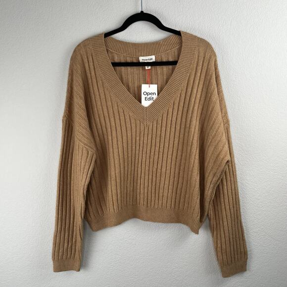 Open Edit Tan V-Neck Ribbed Knit Long Sleeve Drop Shoulder Pullover Sweater XL - Picture 12 of 13